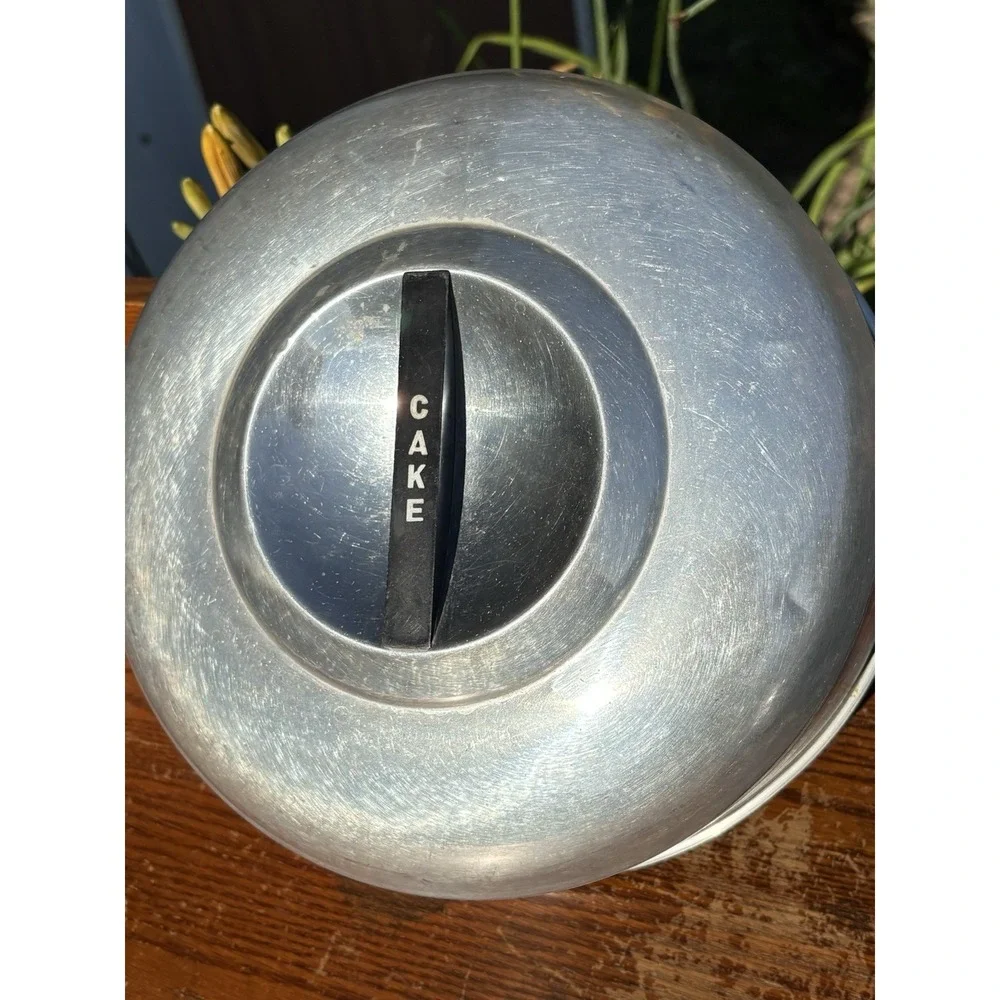 Vintage Cake Plate Cover Metal Aluminum With Word CAKE Handle 10 1/8